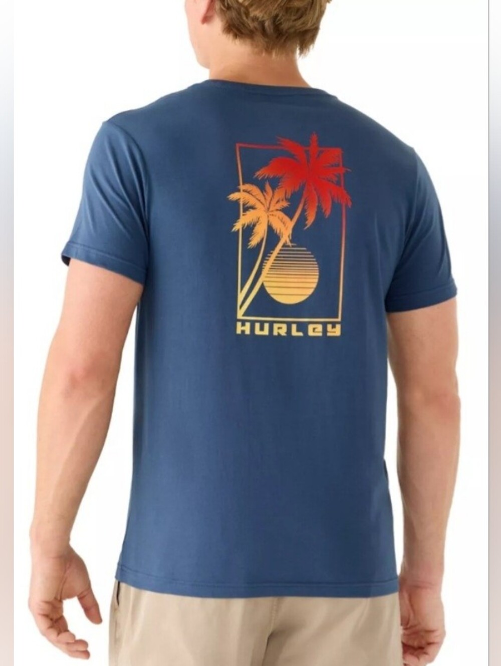 Hurley Men's Golden Hour Tee Denim Blue Cool Back Palm Tree Sun Graphic XXL